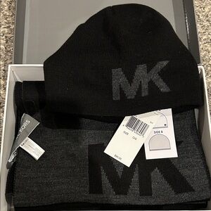 Michael Kors Black and Gray Logo Beanie and Scarf Set
